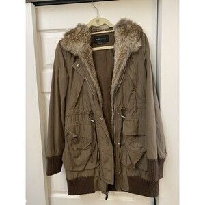 BCBGMAXAZRIA Removable Rabbit Fur Trim Parka/Anorak Coat In Army Green Sz XS